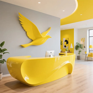 Mostrador de Recepción Curvo Amarillo Moderno y Elegante con Recorte Ovalado para Áreas de Recepción - Product Image 1