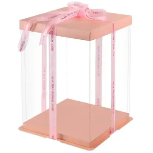 Scatola regalo di plastica trasparente di lusso della fabbrica all'ingrosso rosa bianco dorato alto pronto per la spedizione di scatole per torte
