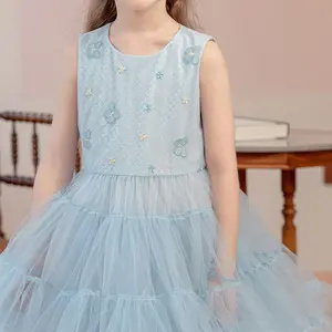Blue Princess Little Girls Sleeveless Puffy Mesh Party Dress Floral Embroidery Bodice Long Tutu Tiered Dresses