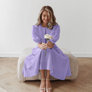 Abito Elegante Estivo da Donna con Colletto Peter Pan e Zip Posteriore, Maniche Corte a Sbuffo, Lunghezza Lunga, Colore Viola, Collezione 2025 - Product Image 2