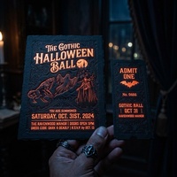 Suite d'invitations gothiques d'Halloween en typographie, avec dorure à chaud et phosphorescence, incluant des billets d'admission