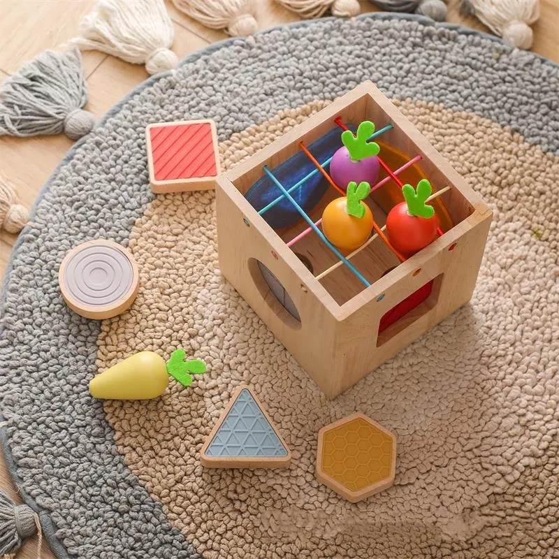Puzzle kayu yang cocok, pendidikan aktivitas sentuh kubus bentuk, mainan tarik wortel pertanian untuk anak-anak hadiah Natal