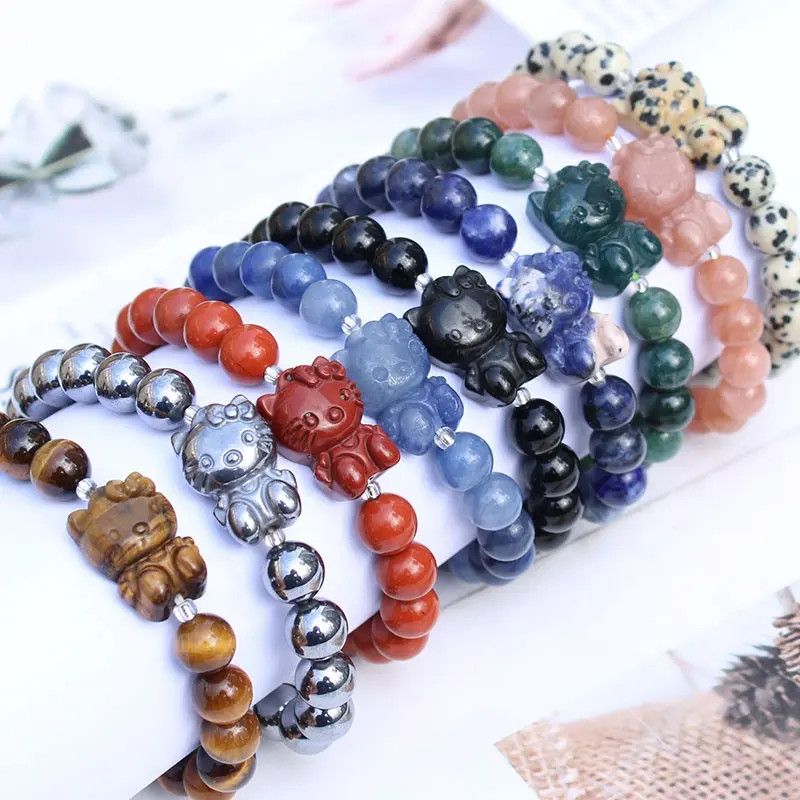 Bulk Wholesale Multi Natural Gemstone Crystal Kitty Bracelet Spiritual Healing Stone Hello Kitty Crystal Bracelets