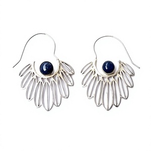 Última Moda Bohemia: Pendientes de Aro de Latón Plateado con Diseño de Hoja de Lapislázuli y Engaste de Bisel para Mujer, Ideales para Aniversario - Product Image 1