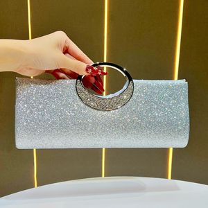 Sparkling Rhinestone Clutch With Half <b>Moon</b> <b>Ring</b> Handle For Evening Party - Product Image 1