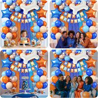 Ensemble de décorations de ballons d'anniversaire orange et bleu avec un topper de gâteau en forme de chien, un ballon en aluminium en forme d'os et d'étoile, et une bannière Joyeux Anniversaire