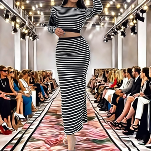 Conjunto de Falda Larga y Top de Manga Larga con Estampado de Rayas Tejidas Casuales de Otoño - Product Image 2