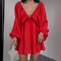 Robe courte texturée pour femme à col en V profond, manches longues bouffantes, col à volants, taille haute et jupe évasée