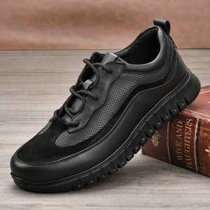 Chaussures de marche pour hommes en cuir de vache véritable, bout rond, lacets, doublure en mesh, semelle extérieure en Phylon, respirantes, décontractées, automne, noir - Product Image 1