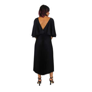 Robe pour femme, lilas, plissée, mi-longue, col en V, manches cape, élégante, pour soirée - Product Image 5