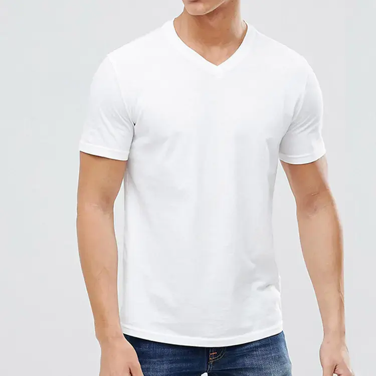 夏の卸売カスタマイズスタイルプレーンホワイトTシャツブランクVネック綿100% Tシャツメンズ