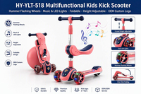 Trottinette 3-en-1 pour enfants avec siège, musique et roues lumineuses LED, pliable et réglable en hauteur, 2-12 ans, vente en gros