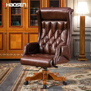 China Wooden Commercial Chair Manufacturer Genuine Real Leather Executive Office Chair Swivel Comfy Computer Chair For Office