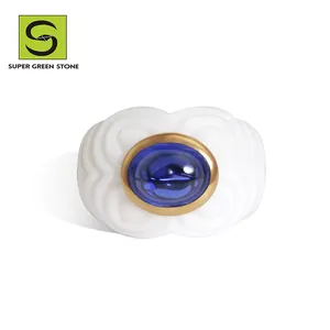 خاتم الخطوبة الذكوري المصنوع من السيراميك الياقوتي الأزرق الزمردي المطرز بالهالو SuperGS R18CYPW09 ، مجوهرات أنيقة للفتيات