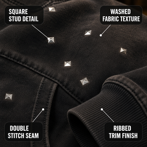 Sweat à capuche zippé pour homme en molleton de coton noir délavé, épais 400 GSM, avec clous, effet vieilli et graphisme vintage, style streetwear - Product Image 2