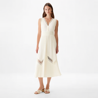 Robe midi personnalisée pour femme avec étiquette privée, en dentelle ivoire, sans manches, col en V, boutonnée sur le devant, taille smockée, plissée, style bohème