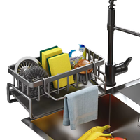 Support d'évier de cuisine en métal en gros avec barre de suspension amovible pour torchons, porte-éponge antirouille pour savon et brosse