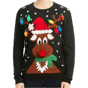 <span class=keywords><strong>Pull</strong></span> tricoté festif pour <span class=keywords><strong>homme</strong></span> avec logo personnalisé, motif renne de Noël amusant et <span class=keywords><strong>original</strong></span>, jacquard 3D, pompons et sequins, éclairé par LED - Product Image 1