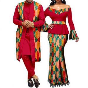 Vêtements africains pour couples, tenues assorties, haut en dentelle imprimé métallique pour femmes et ensembles de jupes sirène, vêtements d'extérieur Dashiki pour hommes Y22C041 - Product Image 1