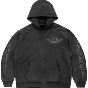 Sudadera con Capucha de Alta Calidad, Estilo Vintage, Lavado Ácido, 100% Algodón, con Cierre y Bordado Desgastado - Product Image 2