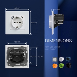 กระจกนิรภัยทนไฟ พร้อมเต้ารับแบบเยอรมัน Schuko และพอร์ต USB คู่ ชนิด A+C 16A 250V สวิตช์ติดผนัง มาตรฐาน EU CE IEC - Product Image 2