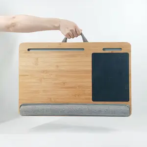 Mesa de bambu madeira para laptop reclinável, mesa estudo de joelho, bandeja de computador com almofada suporte telefone