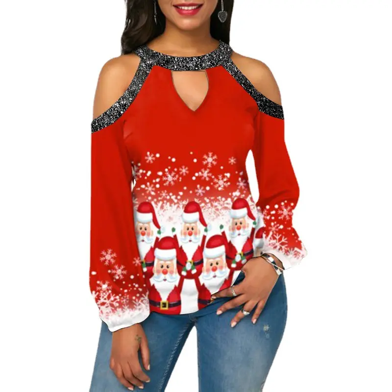 2022 Christmas Women's Shiny Stitching Strapless Print Top Round Neck Long Sleeve T-Shirt Blouse Girls