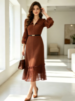 Robe de bureau bleu marine à col en V, plissée, avec ourlet en dentelle, manches évasées 3/4, robe midi pour femme avec ceinture