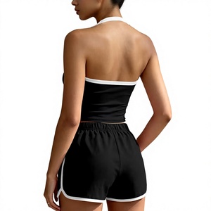 Women Black Halter Neck Crop Top With White Trim Sporty Knitted Spandex Polyester Set Regular Fit Spring Summer Wear - Product Image 2