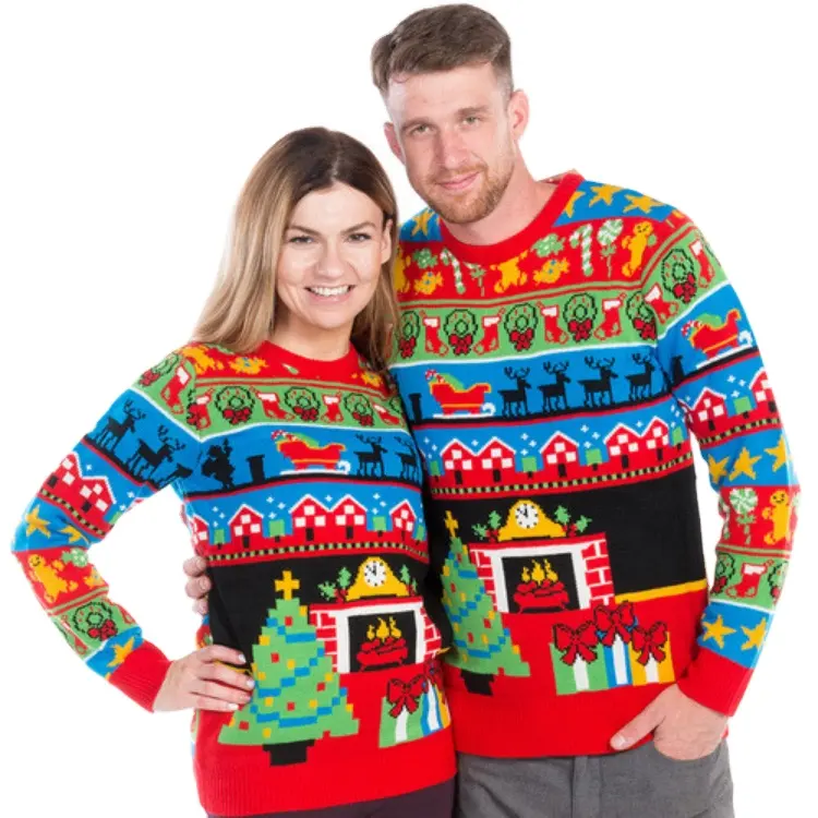 Custom Jacquard Knitted Couple Ugly Christmas Pullover Sweater Family Green Cotton Acrylic Sweater Woman Christmas Jumper