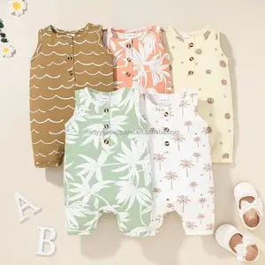 Summer Infant Clothing Wave Sun Coconut Palm Print Button Baby Girls Boys One Piece Jumpsuit Organic Cotton Baby Jumpsuit