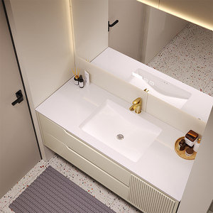 Modern Cream White Floating Bathroom Vanity Solid Wood Cabinet with Smart LED <b>Mirror</b> Integrated Sink - Product Image 3