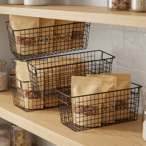 Rectangular Metal Wire Storage <b>Baskets</b> Set of 3 with Handles for Clothing and Pantry Organization <b>Stackable</b> Design Modern - Product Image 3