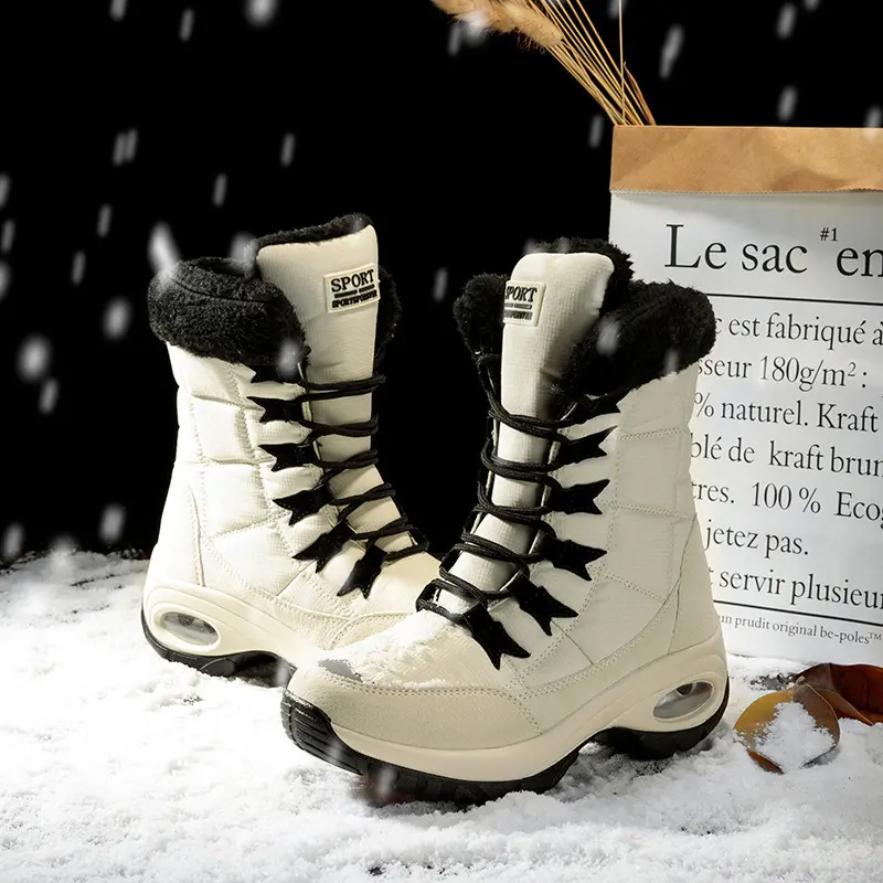 Comfortable Warm Waterproof Lace-Up Mid-Calf Boots Winter Walking Fur Lined Women Snow Boots Shoe