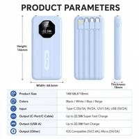 Batterie externe rapide sans câble 22,5 W PD 10000 mAh avec 4 câbles de charge intégrés, écran LED numérique, chargeur portable de voyage
