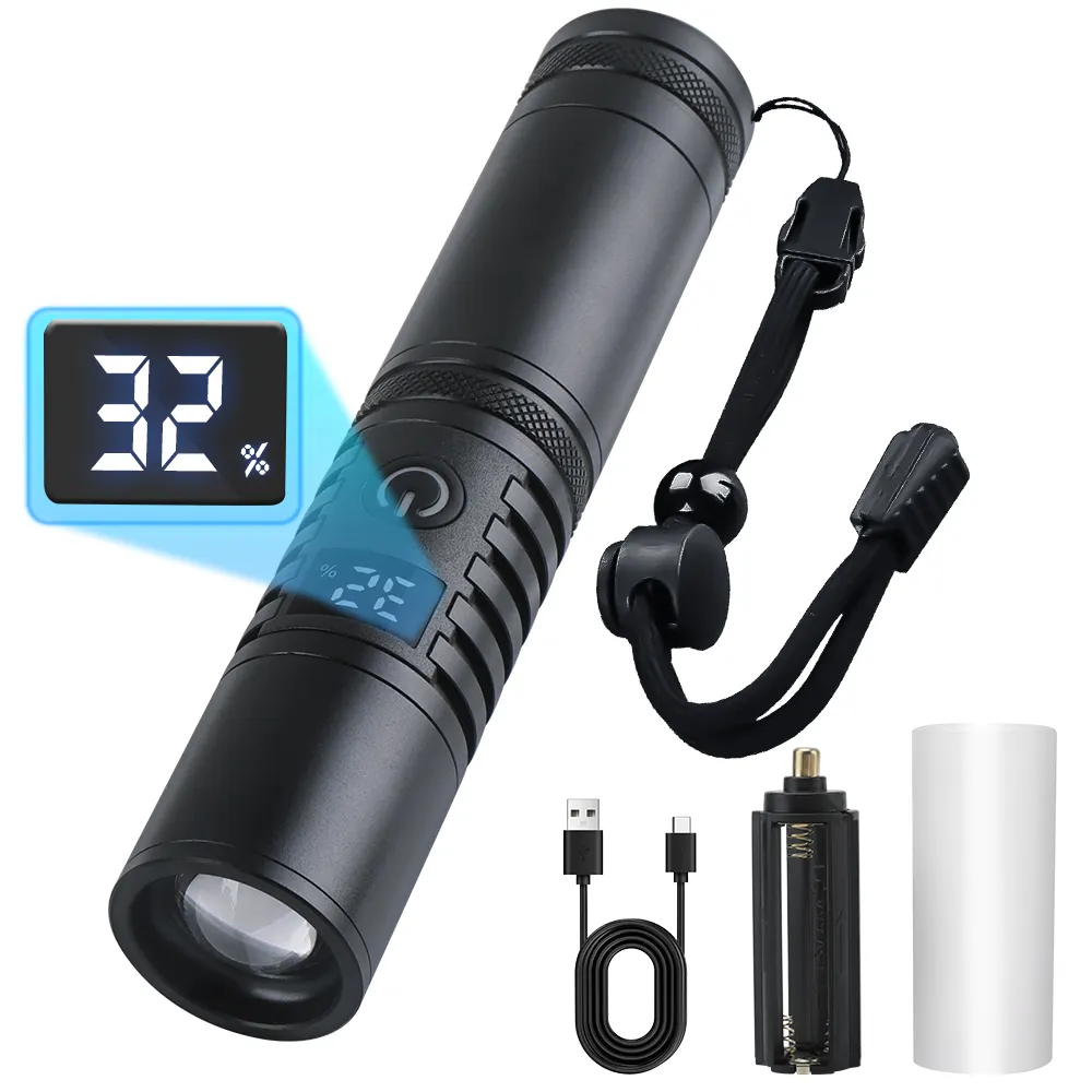 Boruit Zoomable Long Range Powerful Rechargeable Led Flashlight High Power Bank Torch Light with Power Display