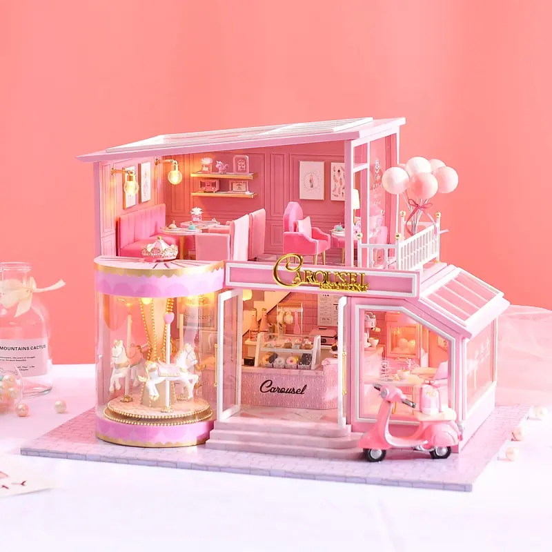 Casa de madeira boneca com kit de móveis, casa de madeira em miniatura para meninas