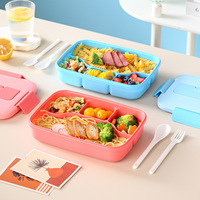 Boîte à lunch rectangulaire en plastique à trois compartiments de style étudiant japonais, avec couvercle, compatible micro-ondes et résistante à la chaleur