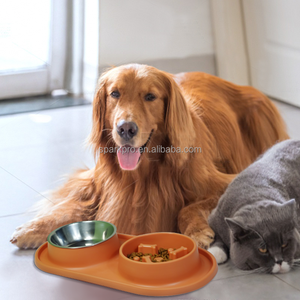 Silicone Mat Spill-Proof Double <span class=keywords><strong>Dog</strong></span> Cat Tigelas Elegante <span class=keywords><strong>Plastic</strong></span> Pet <span class=keywords><strong>Bowl</strong></span> com Aço Inoxidável Durável Alimentador Lento Série Basics - Product Image 4