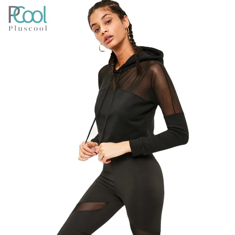 Wholesalers athletic wear sexy sports top black mesh panel hoodie