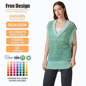 Chaleco de punto casual de algodón para mujer, sin mangas, con cuello en V, de ganchillo verde personalizado, para otoño, invierno y verano - Product Image 2