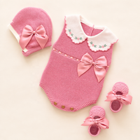 Combinaison bébé Kaiyue, combinaison en coton personnalisée, nouveau-né, fille, ensemble tricoté 3 pièces, col Peter Pan, combinaison à fleurs, broderie, nœud en satin