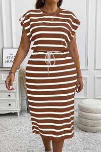 Pakaian Wanita Eropa Amerika untuk Perdagangan Lintas Batas di Situs Independen AliExpress, Gaun Bermotif Garis di Bagian Leher - Product Image 6