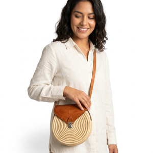 Bohemian Woven <b>Straw</b> <b>Crossbody</b> <b>Bag</b> With Leather Flap Lock Closure Single Strap Daily Use All Seasons - Product Image 1