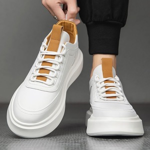 Baskets plateforme blanches à bout rond et lacets, couleur unie, tige en PU, semelle extérieure en caoutchouc, semelle intermédiaire en EVA, toutes saisons, chaussures pour hommes - Product Image 1