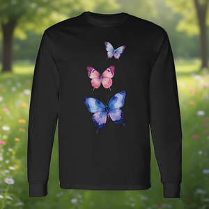 Camiseta de Manga Larga con Diseño de Mariposas en Acuarela, Color Negro, Cuello Redondo, Unisex, para Adultos, Ropa Promocional - Product Image 3