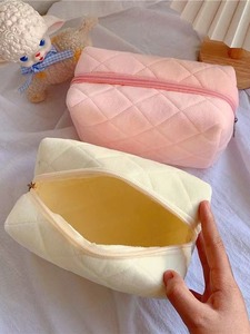 Cute Plush Lattice Makeup for Women Zipper Solid Color Cosmetic <b>Large</b> Capacity Travel Convenient Toiletry <b>Bag</b> <b>Gift</b> - Product Image 3