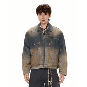 Veste en jean vintage personnalisée délavée à l'acide pour hommes, OEM, fermeture éclair intégrale, coton, streetwear d'hiver, veste en jean décontractée - Product Image 1