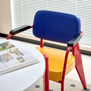 Chaise de salon moderne, siège jaune et bleu, cadre rouge, accoudoirs en métal, rembourrage en mousse, pour la maison, le bureau, les cafés - Product Image 3
