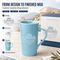 Coffret Cadeau Tasse Souvenir Athènes Personnalisée en Porcelaine Fine, Motif Ligne Art Bleu Égéen, Design Temple d'Athéna et d'Érechtheion, Anti-fuite